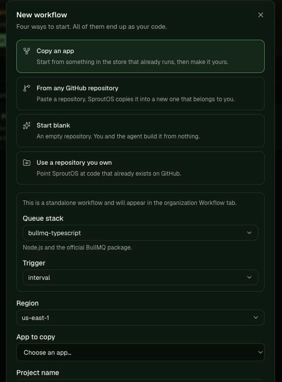 New workflow dialog showing repository source, queue stack, trigger, and region choices