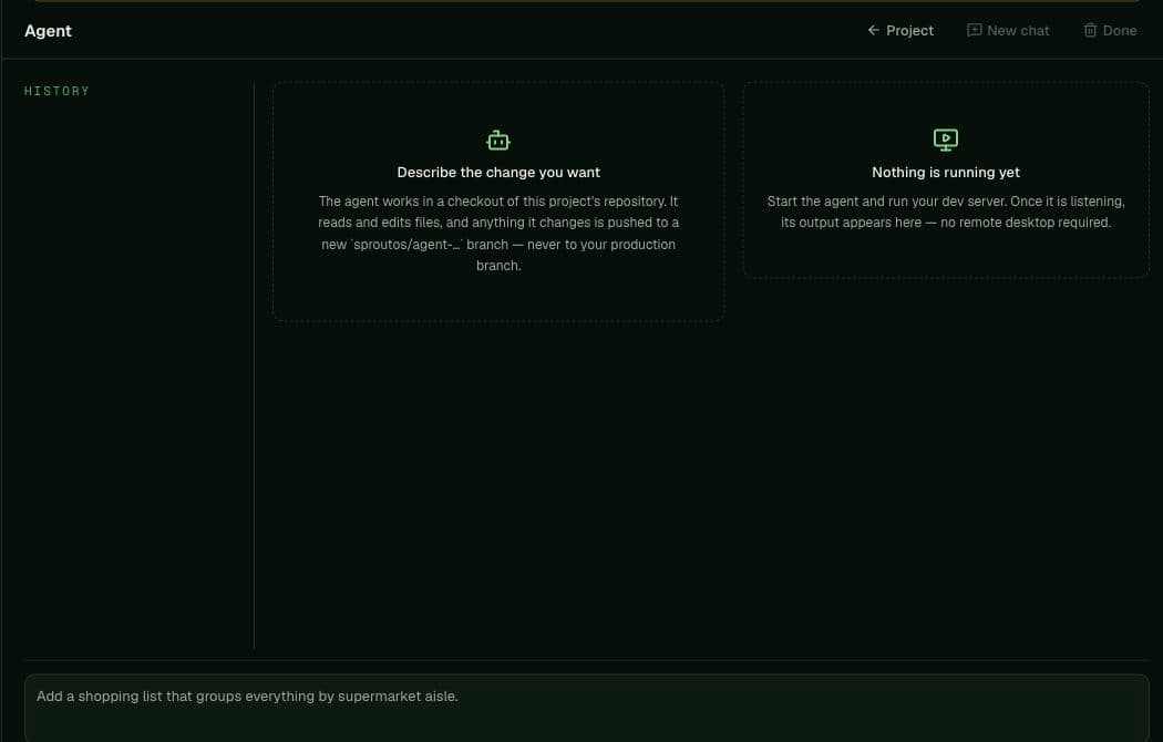 Hosted Agent page with project checkout guidance and an empty development preview