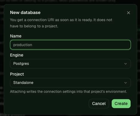 New database dialog with Postgres selected and Project set to Standalone